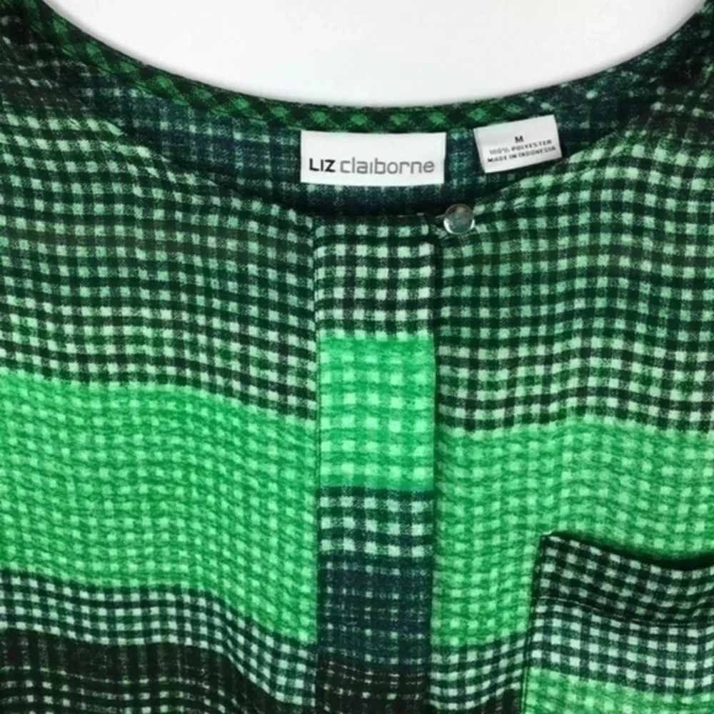 Liz Claiborne Green Black Checkered Loose Fit Breast Pocket  Blouse Size Medium